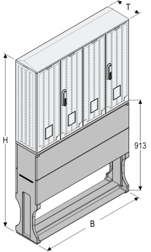 OSZ 53x2x40 + FP Kasten GFK mit Sockel mit Trennwand, gerippt, Schrägdach, 4-türig, 2 Sperren, BxHxT=1058x1328x245