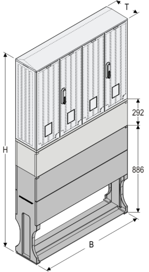 OS 53x2x80-2 + KP + F Kasten GFK mit Kurzsockel mit Trennwand + Sockel, glatt, Flachdach, 4-türig, 2 Sperren, BxHxT=1058x1952x245