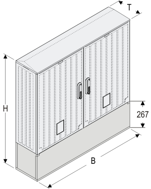 OSZ 53x2x80 + K Kasten GFK mit Kurzsockel, gerippt, Flachdach, 2-türig, 2 Sperren, BxHxT=1058x1064x245