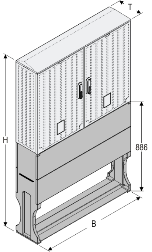 OSZ 53x2x60 + F Kasten GFK mit Sockel, gerippt, Flachdach, 2-türig, 2 Sperren, BxHxT=1058x1483x245
