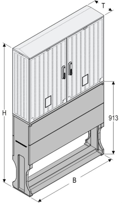 OSZ 53x2x60 + FP Kasten GFK mit Sockel mit Trennwand, gerippt, Flachdach, 2-türig, 2 Sperren, BxHxT=1058x1508x245