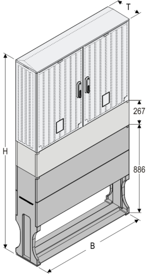 OS 53x2x60 + K + F Kasten GFK mit Kurzsockel + Sockel, glatt, Flachdach, 2-türig, 2 Sperren, BxHxT=1058x1727x245