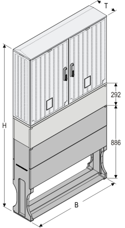 OSZ 53x2x80 + KP + F Kasten GFK mit  Kurzsockel mit Trennwand + Sockel, gerippt, Flachdach, 2-türig, 2 Sperren, BxHxT=1058x1952x245