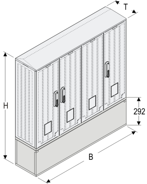 OS 26x2/53x60-2 + KP Kasten GFK mit Kurzsockel mit Trennwand, glatt, Flachdach, 4-türig, 3 Sperren, BxHxT=1058x889x245