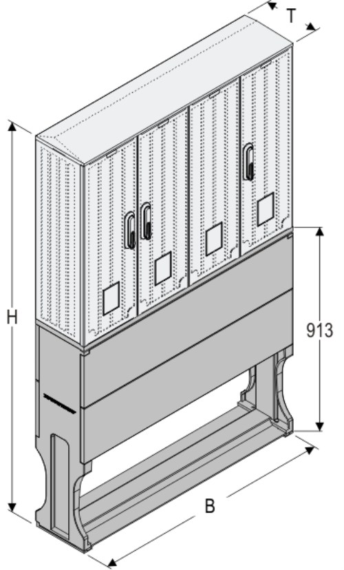 OS 26x2/53x40 + FP Kasten GFK mit Sockel mit Trennwand, glatt, Flachdach, 4-türig, 3 Sperren, BxHxT=1058x1308x245