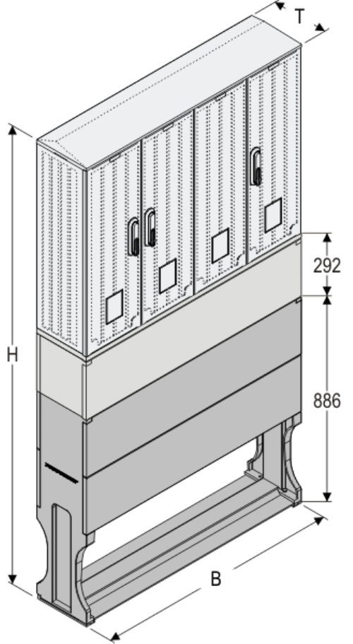 OSZ 26x2/53x60-2 + KP + F Kasten GFK mit Kurzsockel mit Trennwand + Sockel, gerippt, Schrägdach, 4-türig, 3 Sperren, BxHxT=1058x1772x245