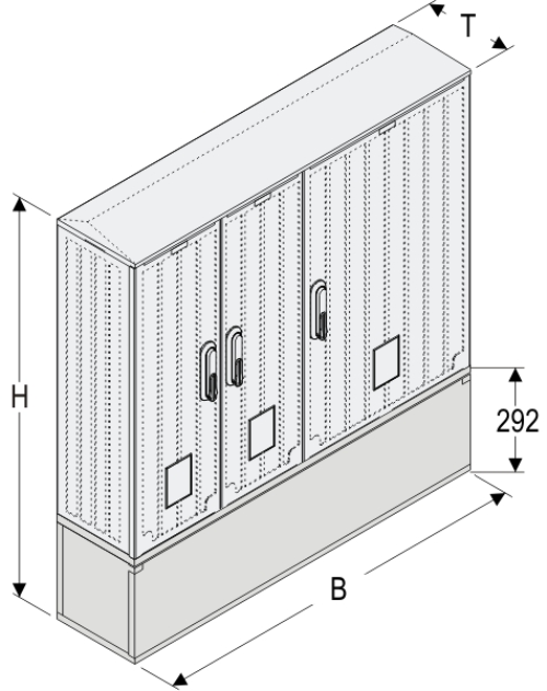 OSZ 26x2/53x80 + KP Kasten GFK mit Kurzsockel mit Trennwand, gerippt, Flachdach, 3-türig, 3 Sperren, BxHxT=1058x1089x245