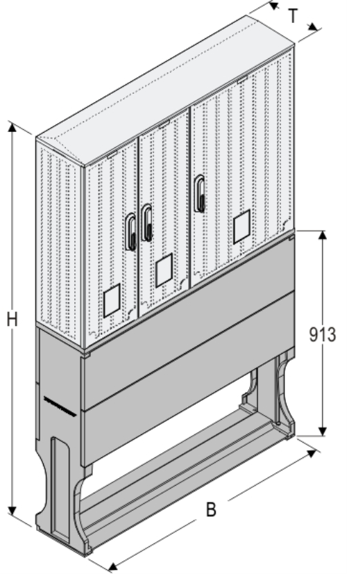 OS 26x2/53x80 + FP Kasten GFK mit Sockel mit Trennwand, glatt, Schrägdach, 3-türig, 3 Sperren, BxHxT=1058x1728x245