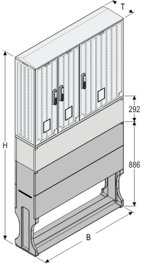 OSZ 26x2/53x80 + KP + F Kasten GFK mit  Kurzsockel mit Trennwand + Sockel, gerippt, Schrägdach, 3-türig, 3 Sperren, BxHxT=1058x1972x245