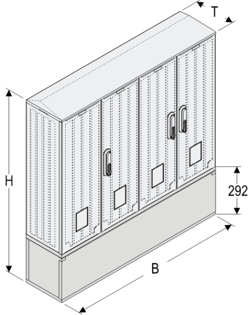 OSZ 53/2x26x60-2 + KP Kasten GFK mit Kurzsockel mit Trennwand, gerippt, Schrägdach, 4-türig, 3 Sperren, BxHxT=1058x909x245