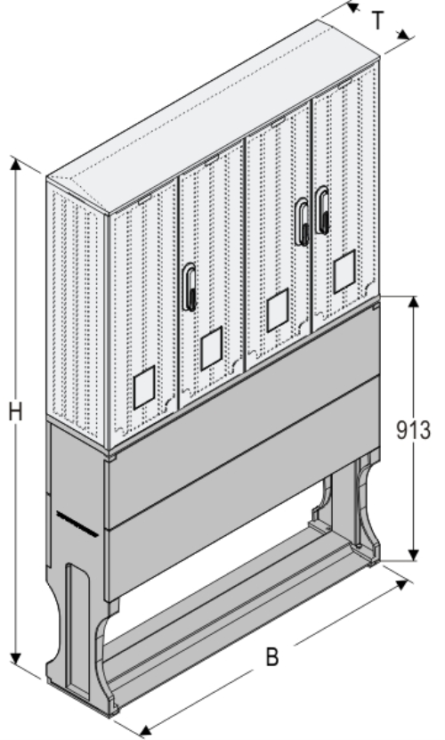 OSZ 53/2x26x60-2 + FP Kasten GFK mit Sockel mit Trennwand, gerippt, Schrägdach, 4-türig, 3 Sperren, BxHxT=1058x1528x245