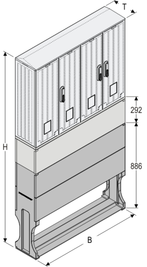 OSZ 53/2x26x80-2 + KP + F Kasten GFK mit Kurzsockel mit Trennwand + Sockel, gerippt, Flachdach, 4-türig, 3 Sperren, BxHxT=1058x1952x245