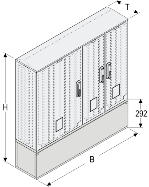 OSZ 53/2x26x60 + KP Kasten GFK mit Kurzsockel mit Trennwand, gerippt, Flachdach, 3-türig, 3 Sperren, BxHxT=1058x889x245