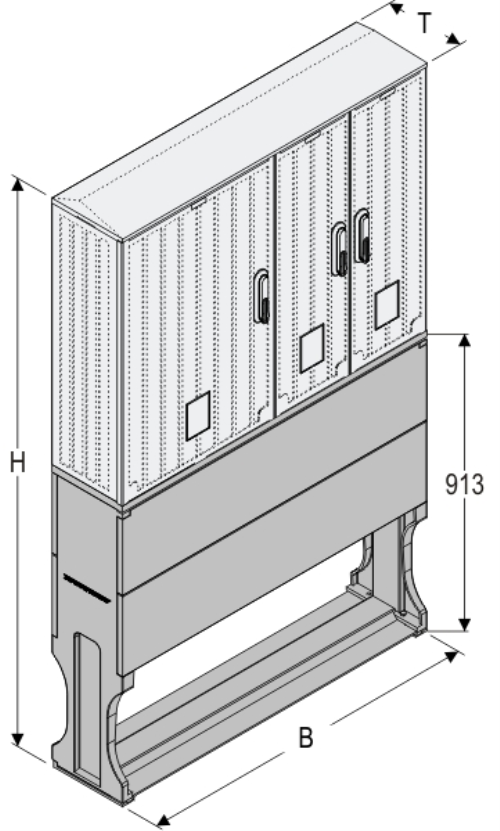 OSZ 53/2x26x80 + FP Kasten GFK mit Sockel mit Trennwand, gerippt, Flachdach, 3-türig, 3 Sperren, BxHxT=1058x1708x245