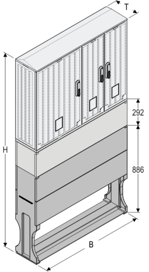 OS 53/2x26x60 + KP + F Kasten GFK mit  Kurzsockel mit Trennwand + Sockel, glatt, Schrägdach, 3-türig, 3 Sperren, BxHxT=1058x1772x245