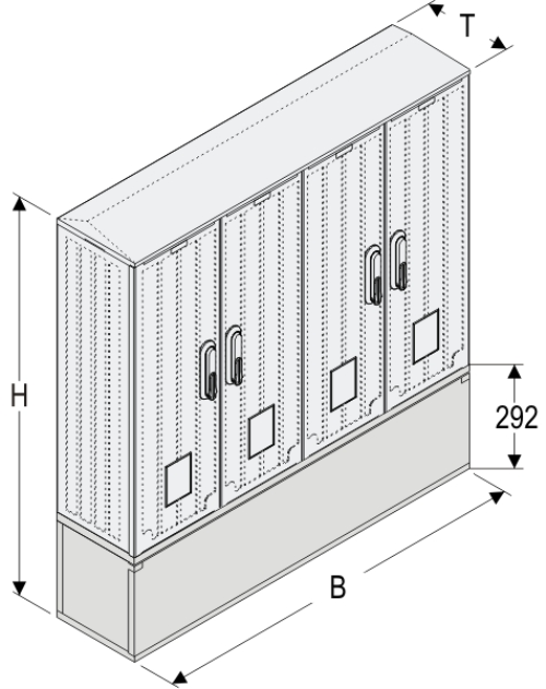 OS 26x4x60 + KP Kasten GFK mit Kurzsockel mit Trennwand, glatt, Flachdach, 4-türig, 4 Sperren, BxHxT=1058x889x245