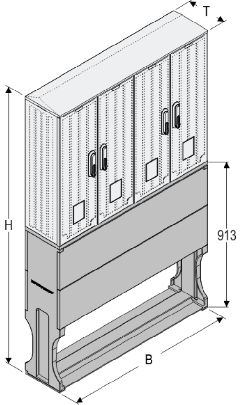 OS 26x4x80 + FP Kasten GFK mit Sockel mit Trennwand, glatt, Schrägdach, 4-türig, 4 Sperren, BxHxT=1058x1728x245