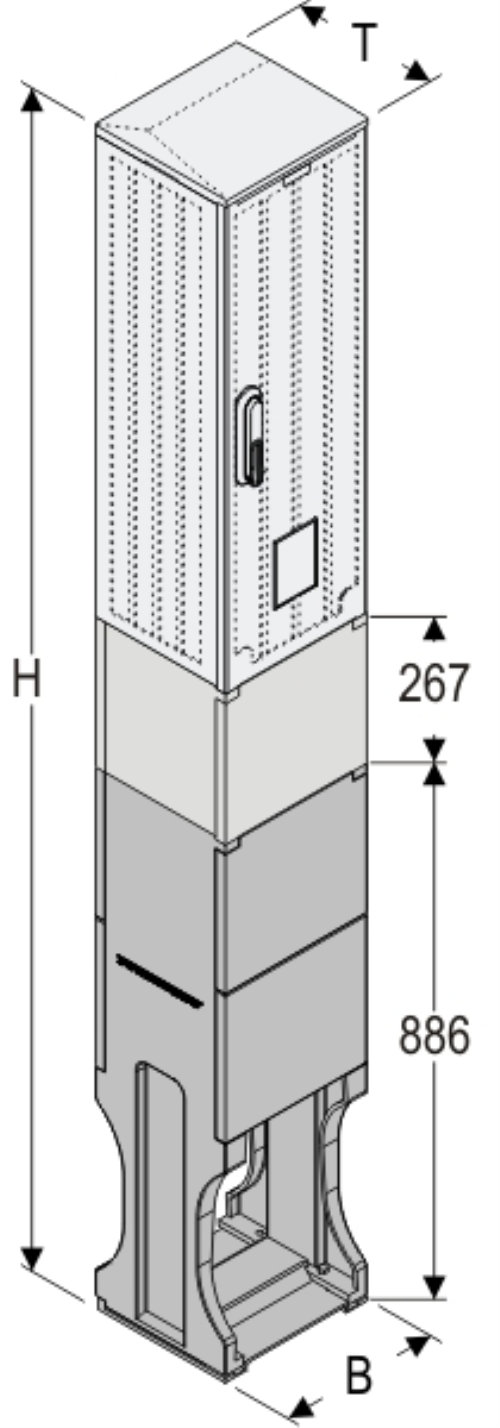 OSZi 26x80 K + F Kasten GFK mit Kurzsockel + Sockel + Isolierstützer, gerippt, Flachdach, 1-türig, 1 Sperre, BxHxT=264x1927x245