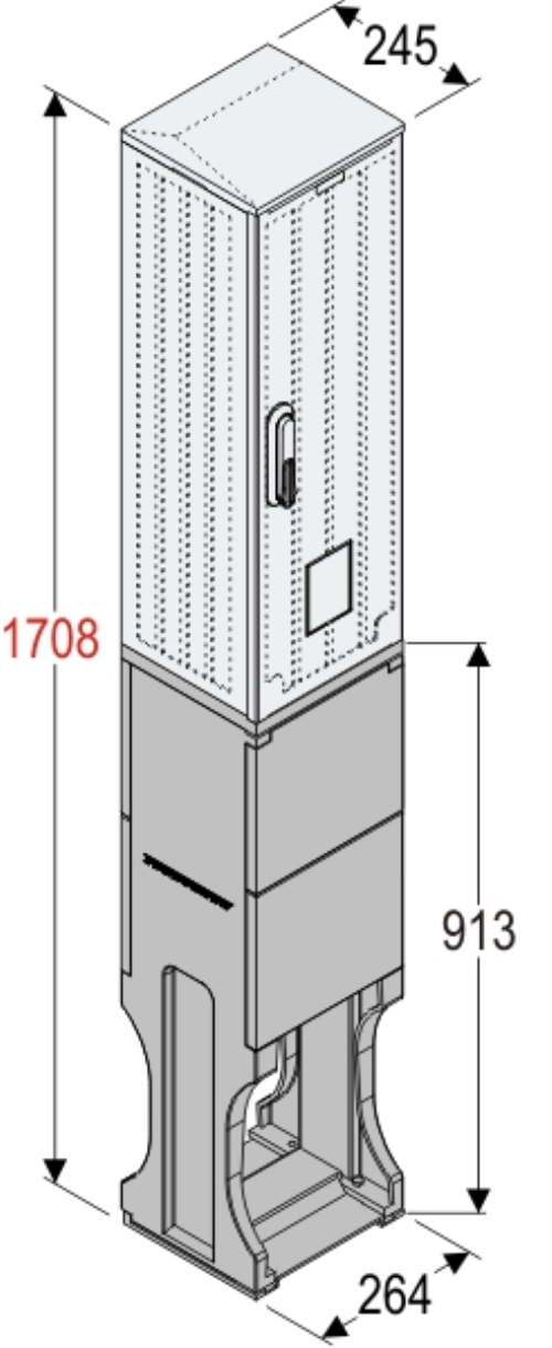 OSi 26x80 + FP Kasten GFK mit Sockel mit Trennwand + Isolierstützer, glatt, Schrägdach, 1-türig, 1 Sperre, BxHxT=264x1728x245