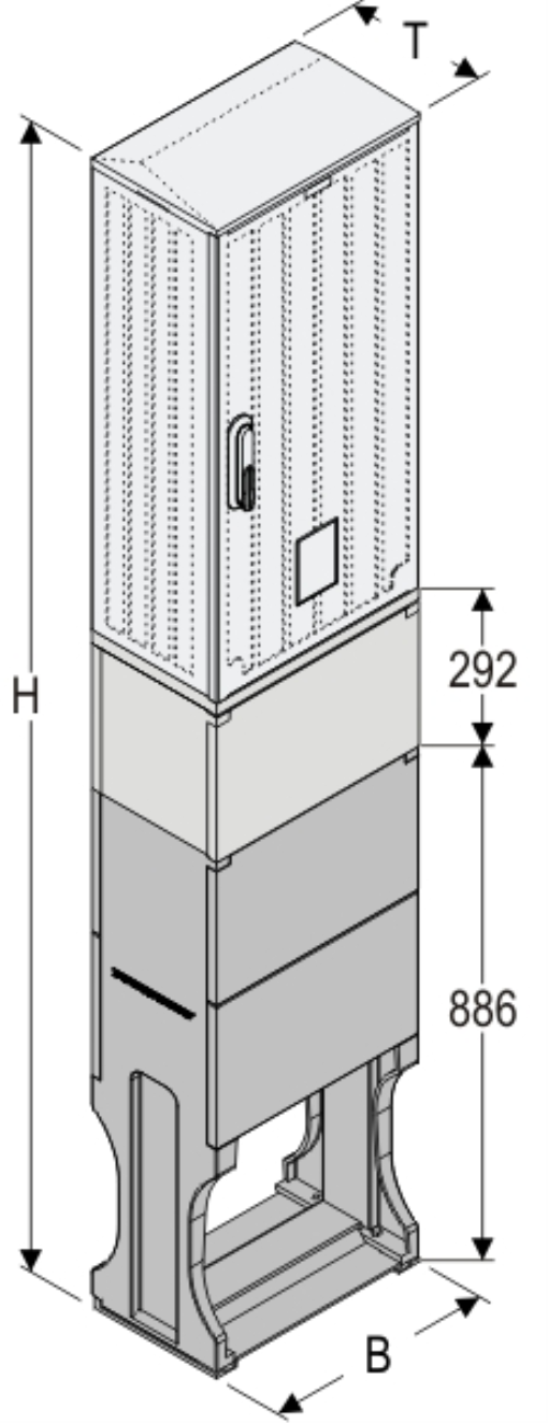 OSZi 40x80 KP + F Kasten GFK mit Kurzsockel mit Trennwand + Sockel + Isolierstützer, gerippt, Schrägdach, 1-türig, 1 Sperre, BxHxT=396x1972x245