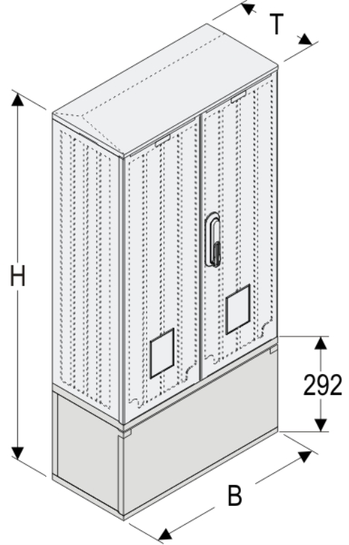 OSi 53x80-2 + KP Kasten GFK mit Kurzsockel mit Trennwand + Isolierstützer, glatt, Schrägdach, 2-türig, 1 Sperre, BxHxT=528x1109x245