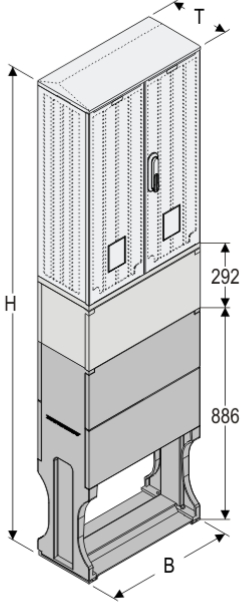 OSi 53x80-2 + KP + F Kasten GFK mit Kurzsockel mit Trennwand + Sockel + Isolierstützer, glatt, Schrägdach, 2-türig, 1 Sperre, BxHxT=528x1972x245