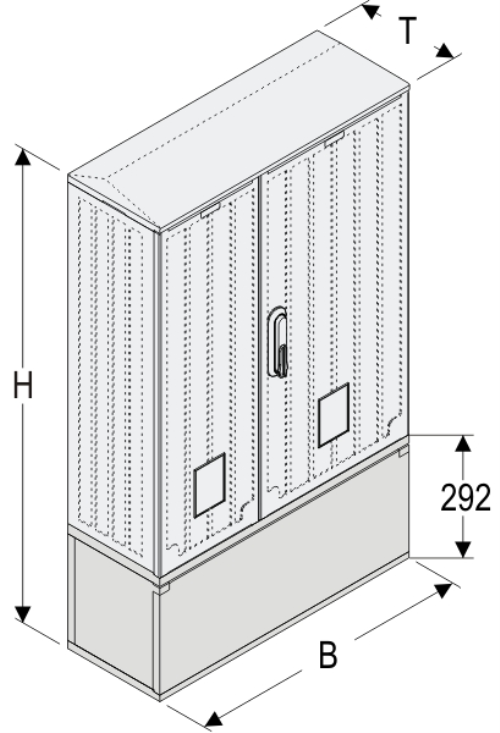 OSZi 66x80 + KP Kasten GFK mit Kurzsockel mit Trennwand + Isolierstützer, gerippt, Flachdach, 2-türig, 1 Sperre, BxHxT=660x1089x245
