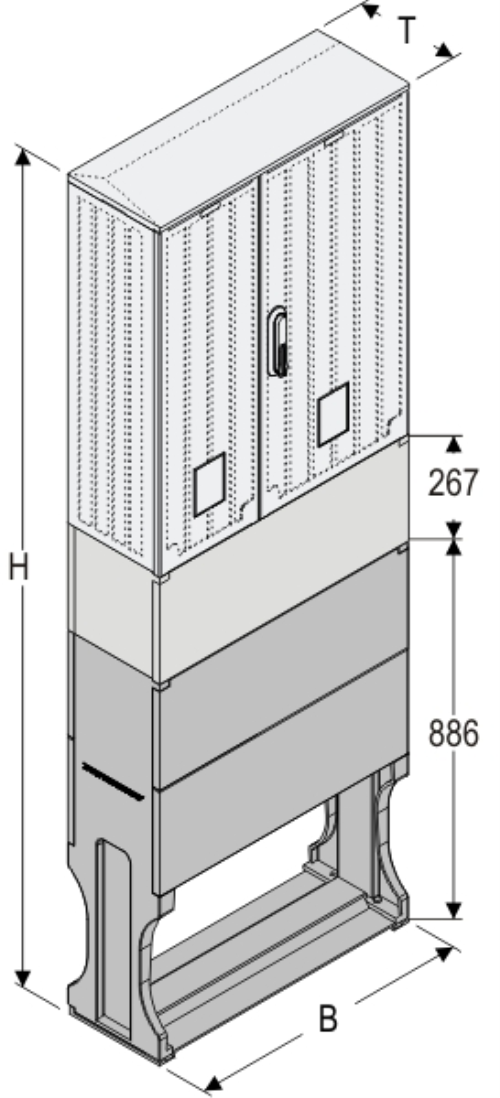 OSZi 66x80 K + F Kasten GFK mit Kurzsockel + Sockel + Isolierstützer, gerippt, Flachdach, 2-türig, 1 Sperre, BxHxT=660x1927x245