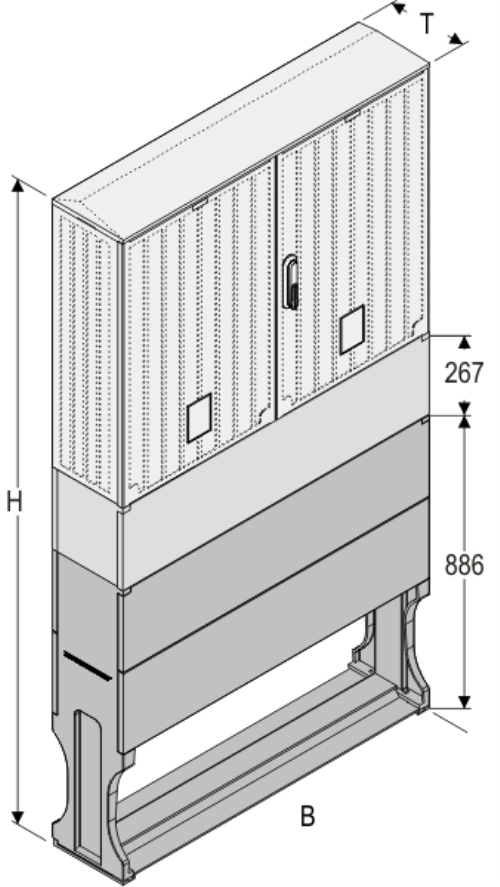 OSZi 106x80 K + F Kasten GFK mit Kurzsockel + Sockel + Isolierstützer, gerippt, Schrägdach, 2-türig, 1 Sperre, BxHxT=1058x1947x245