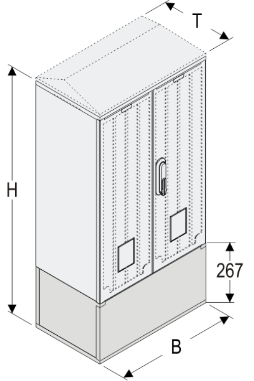 KSZ+KK 53 x 60 -2 Kasten GFK + Kurzsockel, gerippt, Schrägdach, 2-türig, 1 Sperre, BxHxT=528x908x320