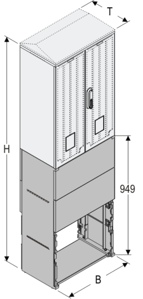 KSZ+KF 53 x 80 - 2 Kasten GFK + Sockel, gerippt, Flachdach, 2-türig, 1 Sperre, BxHxT=528x1743x320