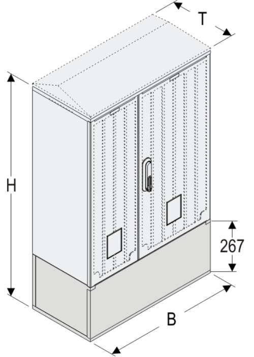 KSZ+KK 66 x 80 Kasten GFK + Kurzsockel, gerippt, Flachdach, 2-türig, 1 Sperre, BxHxT=660x1064x320