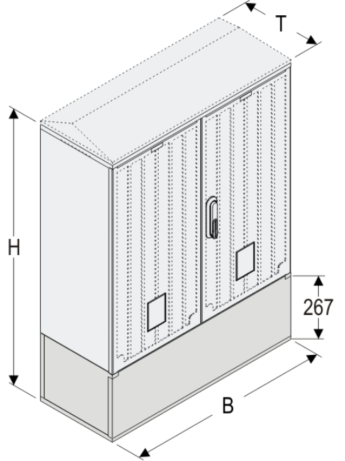 KSZ+KK 80 x 60 Kasten GFK + Kurzsockel, gerippt, Schrägdach, 2-türig, 1 Sperre, BxHxT=795x908x320
