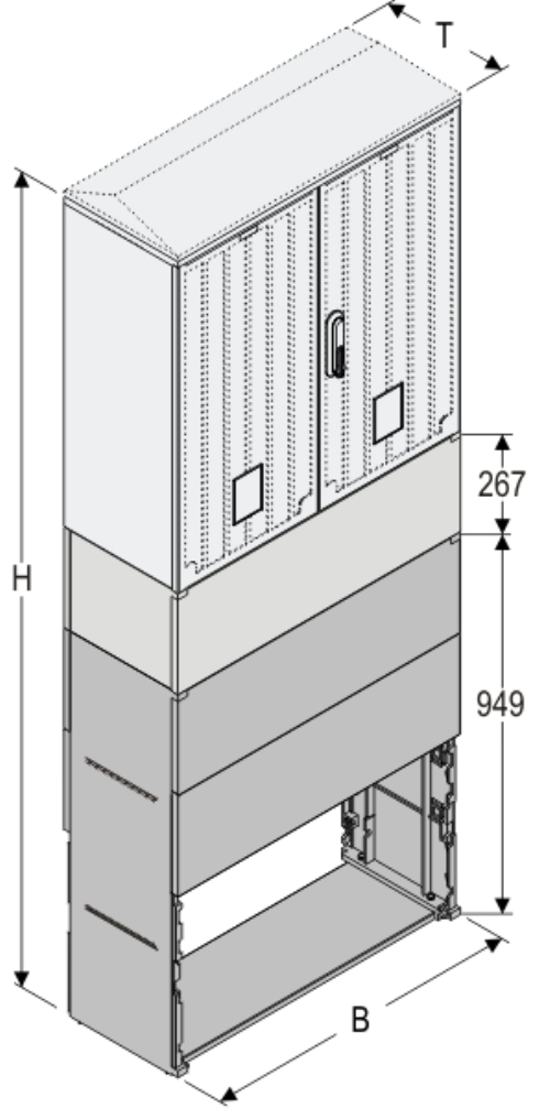 KSZ+KK+KF 80 x 80 Kasten GFK + Kurzsockel + Sockel, gerippt, Schrägdach, 2-türig, 1 Sperre, BxHxT=795x2031x320