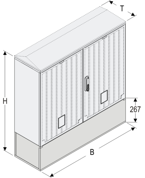 KSZ+KK 106 x 80 Kasten GFK + Kurzsockel, gerippt, Flachdach, 2-türig, 1 Sperre, BxHxT=1058x1064x320
