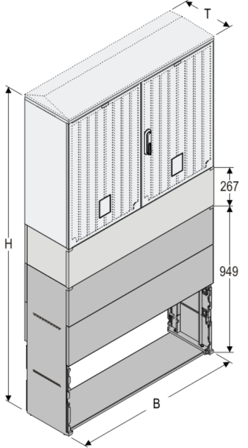 KSZ+KK+KF 106 x 60 Kasten GFK + Kurzsockel + Sockel, gerippt, Schrägdach, 2-türig, 1 Sperre, BxHxT=1058x1807x320