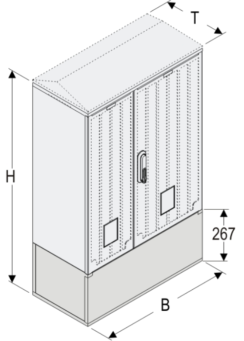 KSZi+KK 66 x 80 Kasten GFK + Kurzsockel + Isolierstützer, gerippt, Flachdach, 2-türig, 1 Sperre, BxHxT=660x1064x320