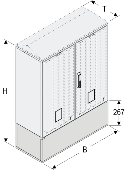 KSZi+KK 80 x 80 Kasten GFK + Kurzsockel + Isolierstützer, gerippt, Schrägdach, 2-türig, 1 Sperre, BxHxT=795x1108x320