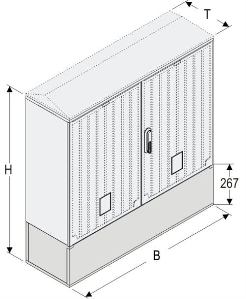 KSi+KK 106 x 80 Kasten GFK + Kurzsockel + Isolierstützer, glatt, Schrägdach, 2-türig, 1 Sperre, BxHxT=1058x1108x320
