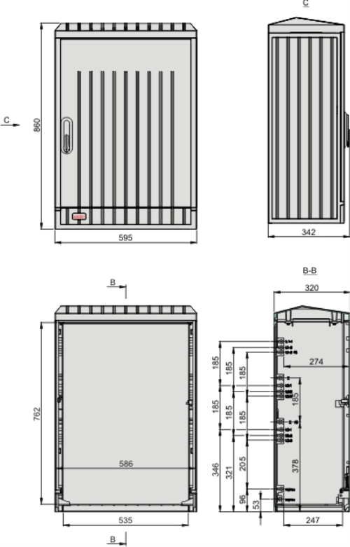 DIN 0 Kasten GFK, gerippt, Schrägdach, 1-türig, 1 Sperre, BxHxT=595x860x320
