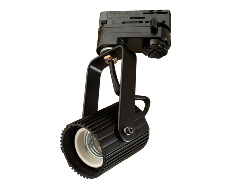 3Phasen-Stromschienenstrahler E27 | Gehäuse: schwarz | Drehbereich: 350° | Schwenkbereich: 180° |  D: 57mm | H:195mm |