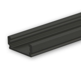 PL1 schwarz / Klasse1 Aluprofil flach schwarz RAL9005 für LED-Flex; Außenmaß BxH: 16,8x5,91mm; Innenmaß BxH: 12,4x5,11mm; (für LED Bänder mit max. 12mm Breite) in Stange zu 2m
