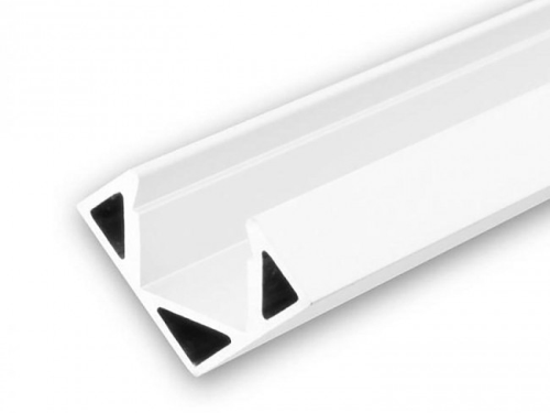 PO23 weiß / Klasse8 Aluprofil Eckprofil 45° weiß RAL9010 für LED-Flex; Außenmaß BxH: 17,48x17,48mm; Innenmaß BxH: 11,5x5,11mm; (für LED Bänder mit max. 11mm Breite) in Stange zu 2m