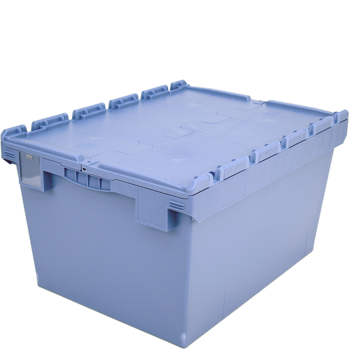 Mehrwegbehälter mit anscharniertem Klappdeckel, stapelbar, taubenblau, Außenmaß: LxBxH= 800x600x453mm