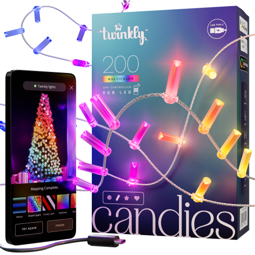 Twinkly Lichterkette Candies Candles RGB 200 | Länge:12m | Anschlußleitung: 2,0m | IP20 | Kabel: transparent |  mit APP steuerbar | Bluetooth+WiFi | Anschluss: USB-C (Netzteil nicht enthalten) |