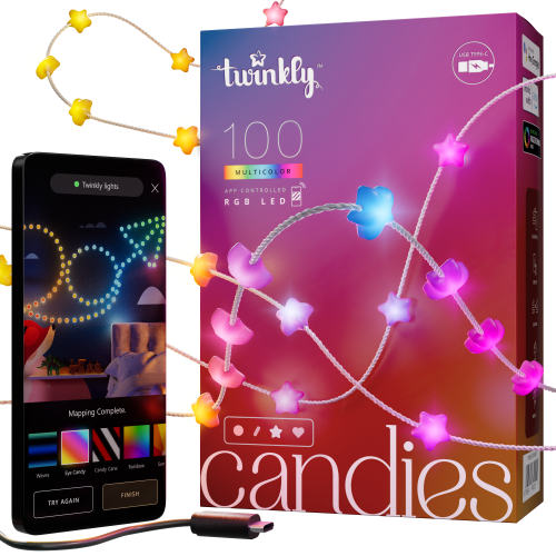 Twinkly Lichterkette Candies Stars RGB 100 | Länge:6m | Anschlußleitung: 2,0m | IP20 | Kabel: transparent | mit APP steuerbar | Bluetooth+WiFi | Anschluss: USB-C (Netzteil nicht enthalten) |
