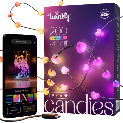 Twinkly Lichterkette Candies Hearts RGB 100 | Länge:6m | Anschlußleitung: 2,0m | IP20 | Kabel: transparent | mit APP steuerbar | Bluetooth+WiFi | Anschluss: USB-C (Netzteil nicht enthalten) |