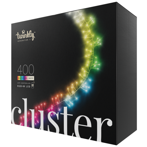Twinkly Lichterkette Cluster RGB+W 400 | Länge: 6m | Anschlußleitung: 3,5m | IP44 | Kabel schwarz/grün |  mit APP steuerbar | Bluetooth+WiFi |