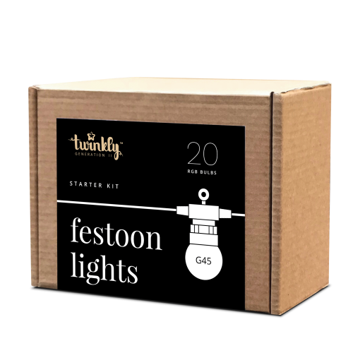 Twinkly Girlande Starter Kit- Smart Light - 20x  RGB-LEDs mit Durchmesser 45mm in 50cm Abständen; 10m; IP44; mit APP steuerbar, Bluetooth+WiFi, Musicsensor, Kabel schwarz