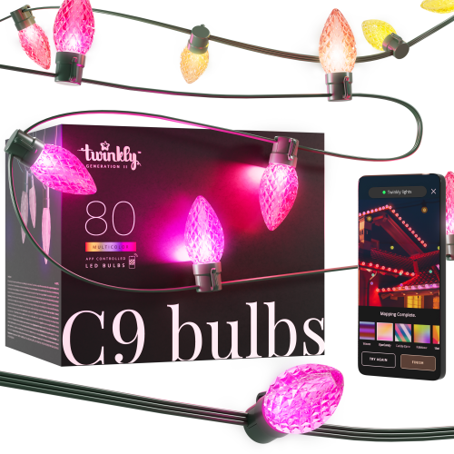 Twinkly C9 Bulbs String RGB 80 | Länge: 24m | Anschlußleitung: 2,5m | IP44 | Kabel schwarz/grün |  mit APP steuerbar | Bluetooth+WiFi |